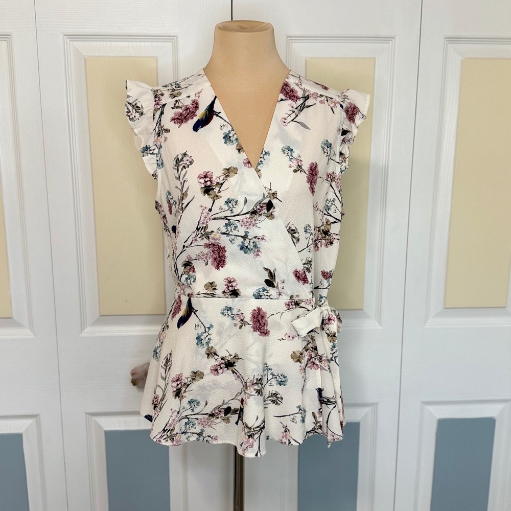 Monteau Los Angeles Floral Bird Print Faux Wrap Peplum Blouse XL Cream Ruffle